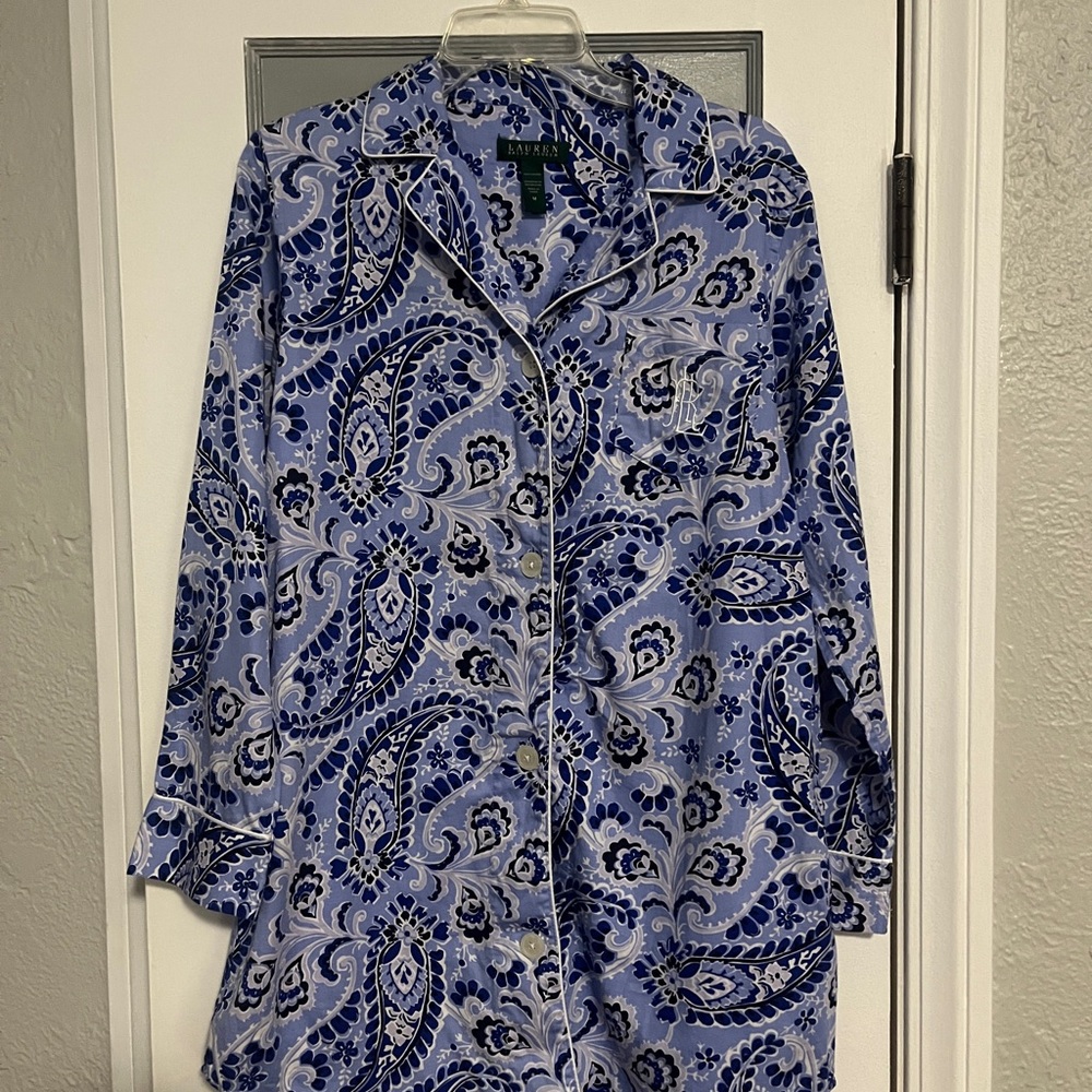 Lauren by Ralph Lauren Blue Paisley Button-Up Sleep Shirt/Nightgown